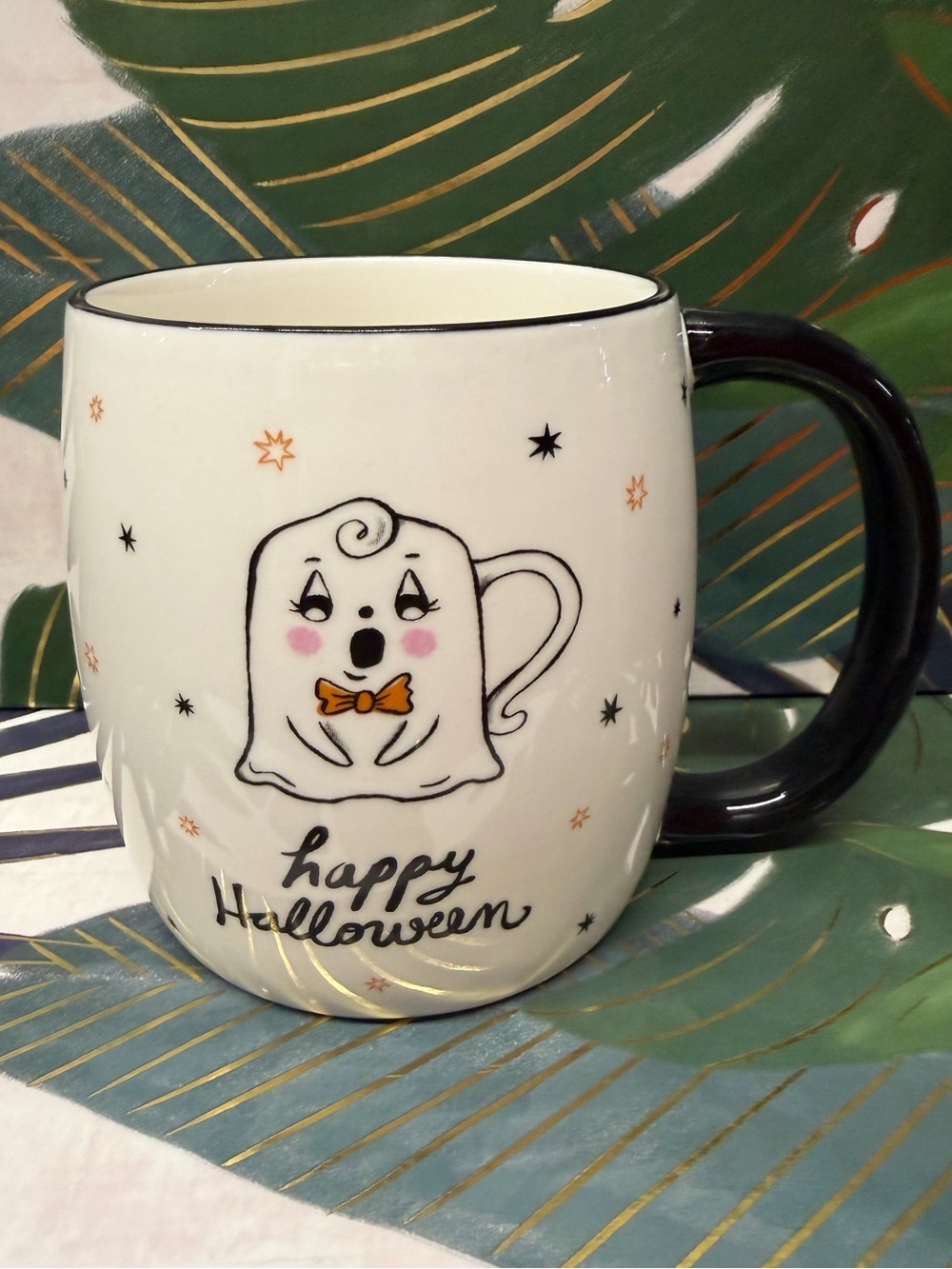 Anthropologie Happy Halloween Black Cat Ghost Mug Ceramic NIB - Picture 5 of 12